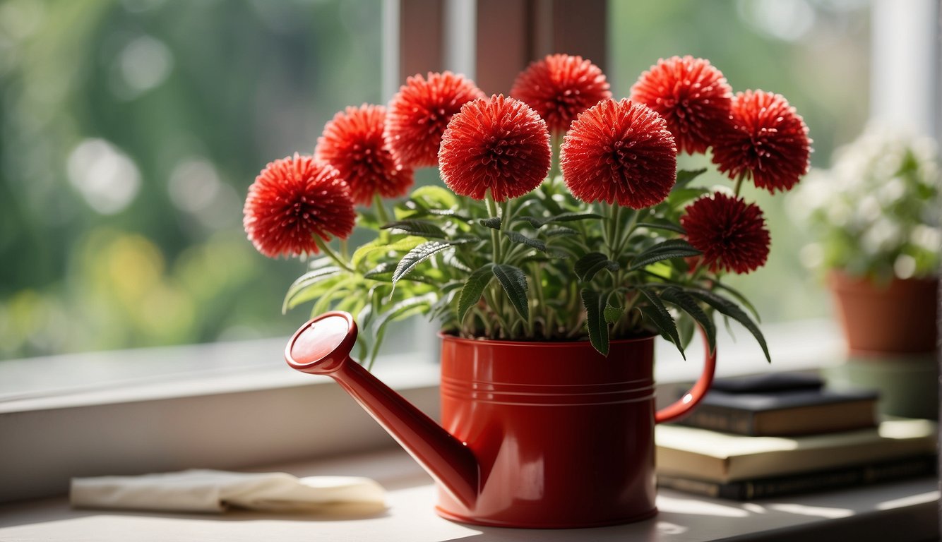 A chenille plant sits on a sunny windowsill, its fuzzy red blooms cascading down.

A small watering can and a bag of fertilizer are nearby, along with a care guide book titled "Fluffy Wonders."
