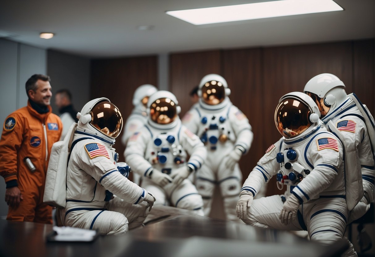 A group of astronauts gather in a circle, engaging in mindfulness exercises and sharing their emotions. A supportive environment is evident as they prepare for the psychological impact of the first Mars landings