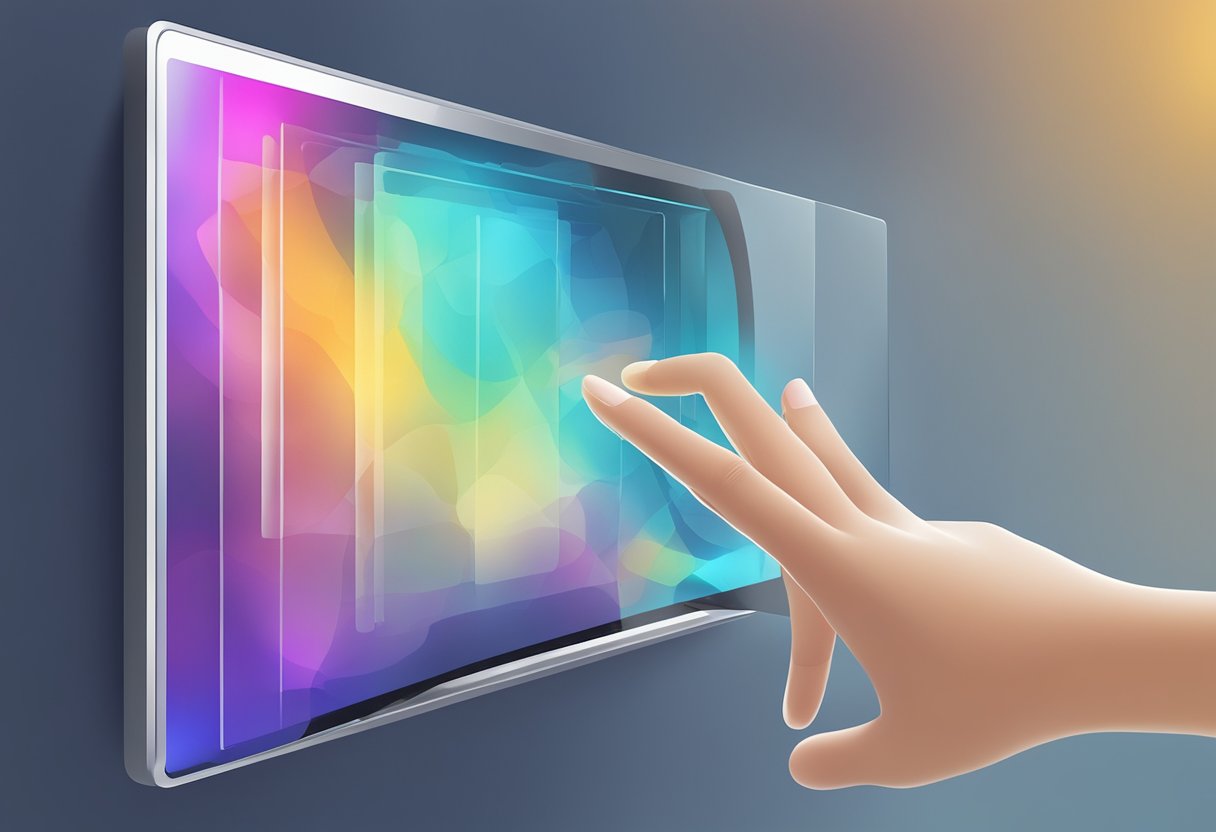 A hand reaching out to touch a sleek, modern capacitive touch screen, with vibrant colors and smooth glass surface
