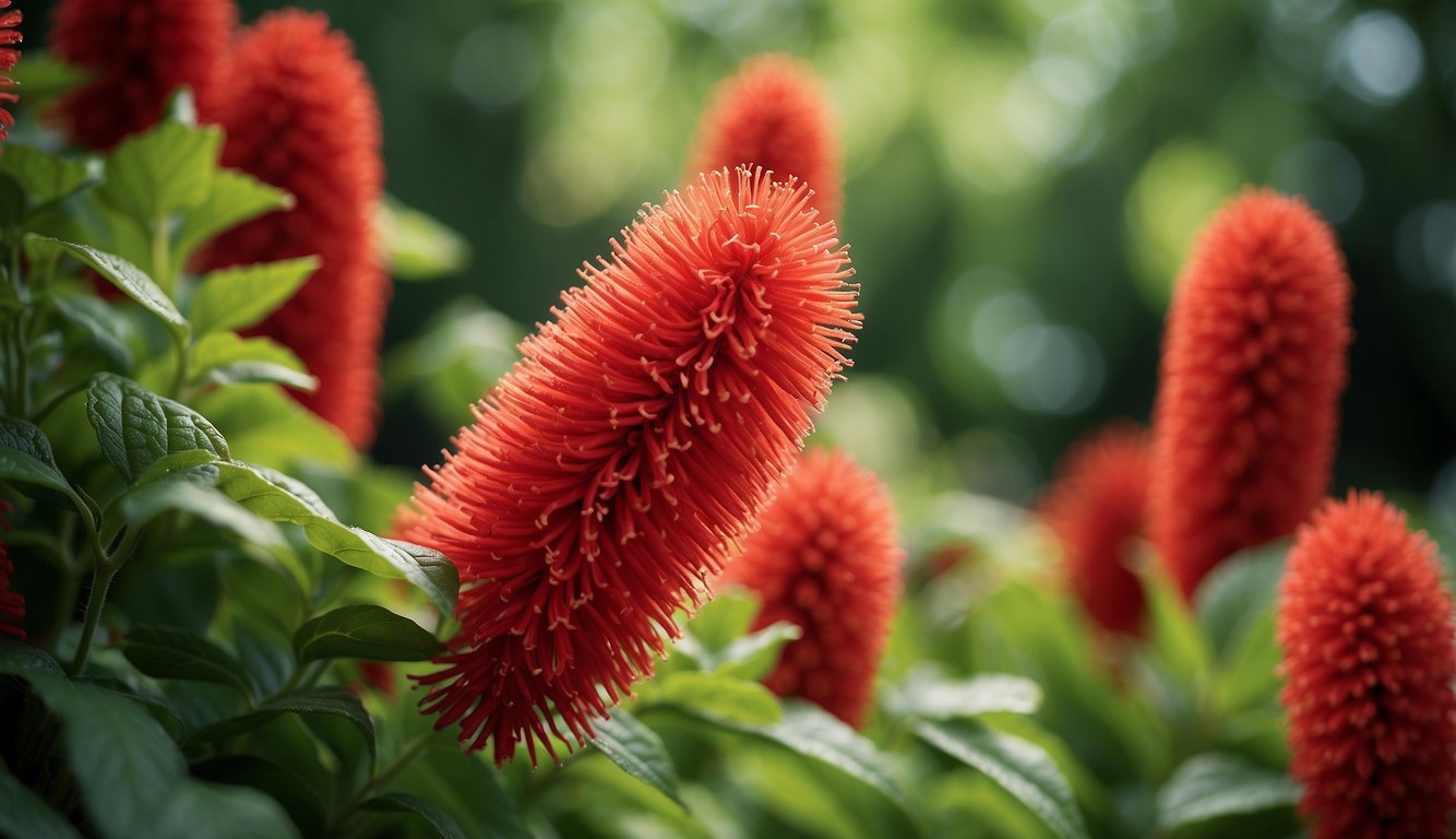 The chenille plant's fuzzy red blooms cascade from its slender stems, surrounded by lush green leaves.

It thrives in a bright, warm environment, and its delicate tendrils reach out in all directions, symbolizing growth and propagation