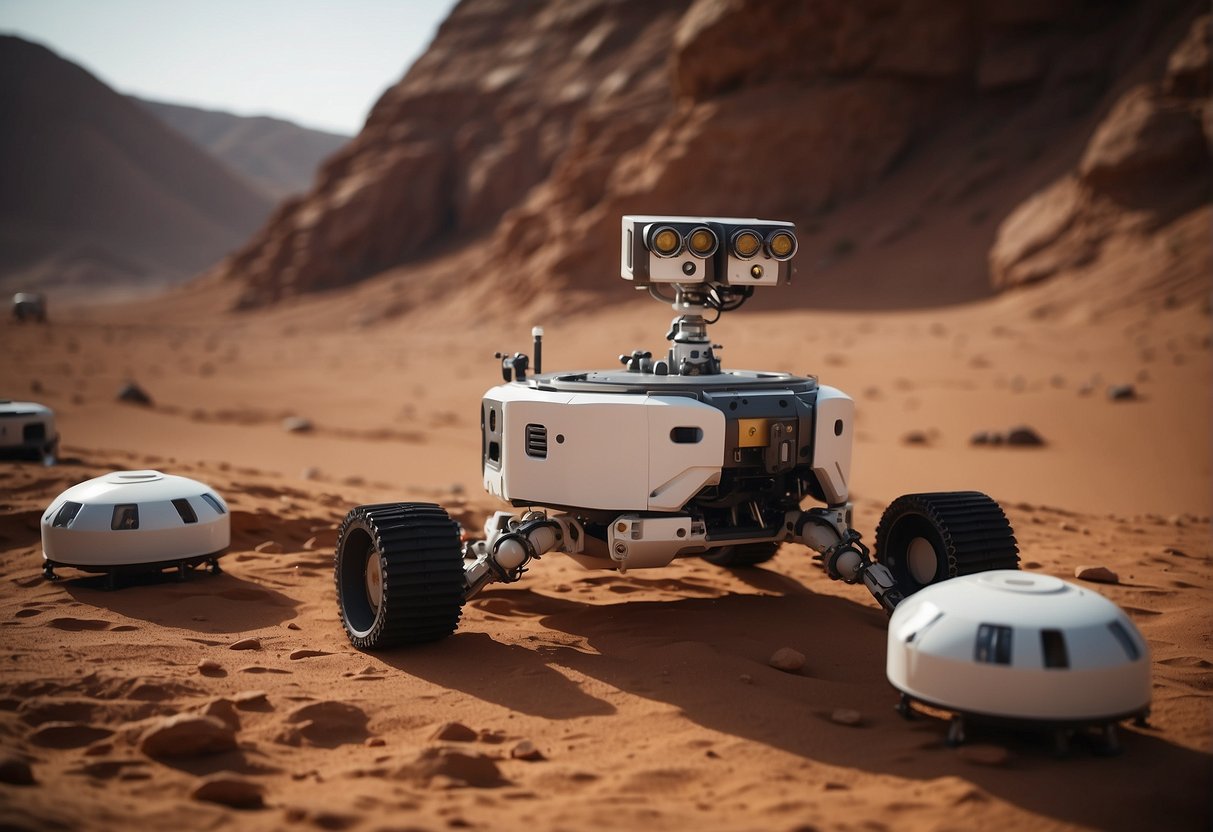 Robotic arms assemble life support modules on Mars surface. Scientists monitor psychological impact of first landings