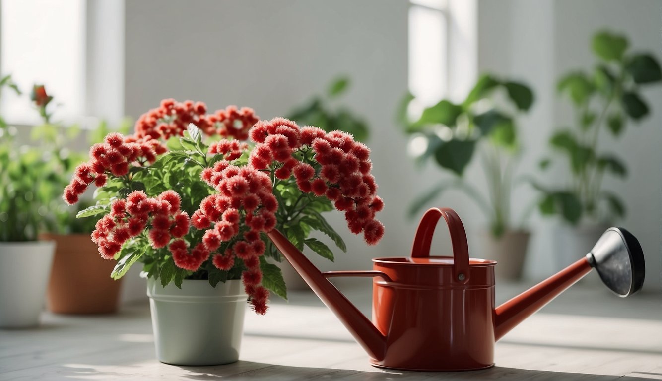 A chenille plant sits in a bright, airy room.

Its fluffy, red blooms cascade down its slender stems. A watering can and pruning shears rest nearby