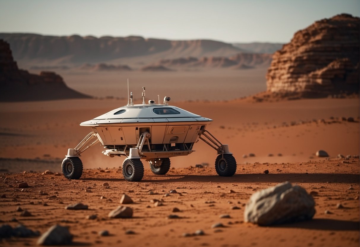 A spacecraft hovers over the red Martian landscape, while a team of scientists and engineers set up a habitat and conduct experiments to prepare for the psychological impact of the first Mars landings