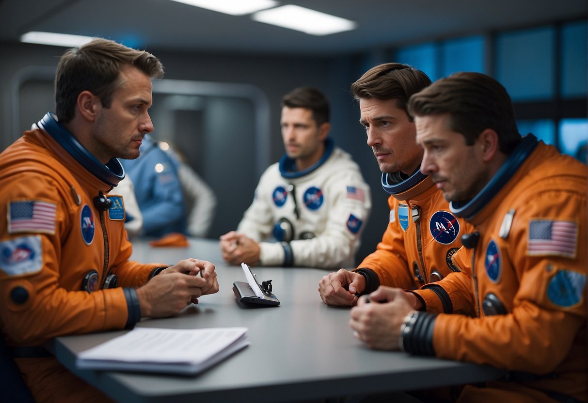 A group of astronauts undergo psychological training for the first Mars landing, discussing FAQs and preparing for the impact