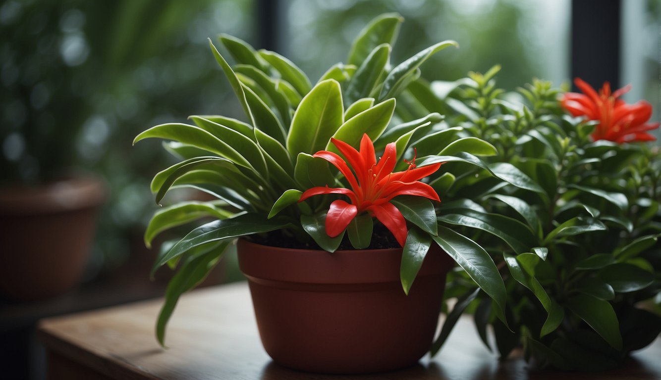 A vibrant Aeschynanthus Radicans plant sits in a decorative pot, surrounded by lush green foliage.

Bright red lipstick-shaped flowers bloom, adding a pop of color to the scene