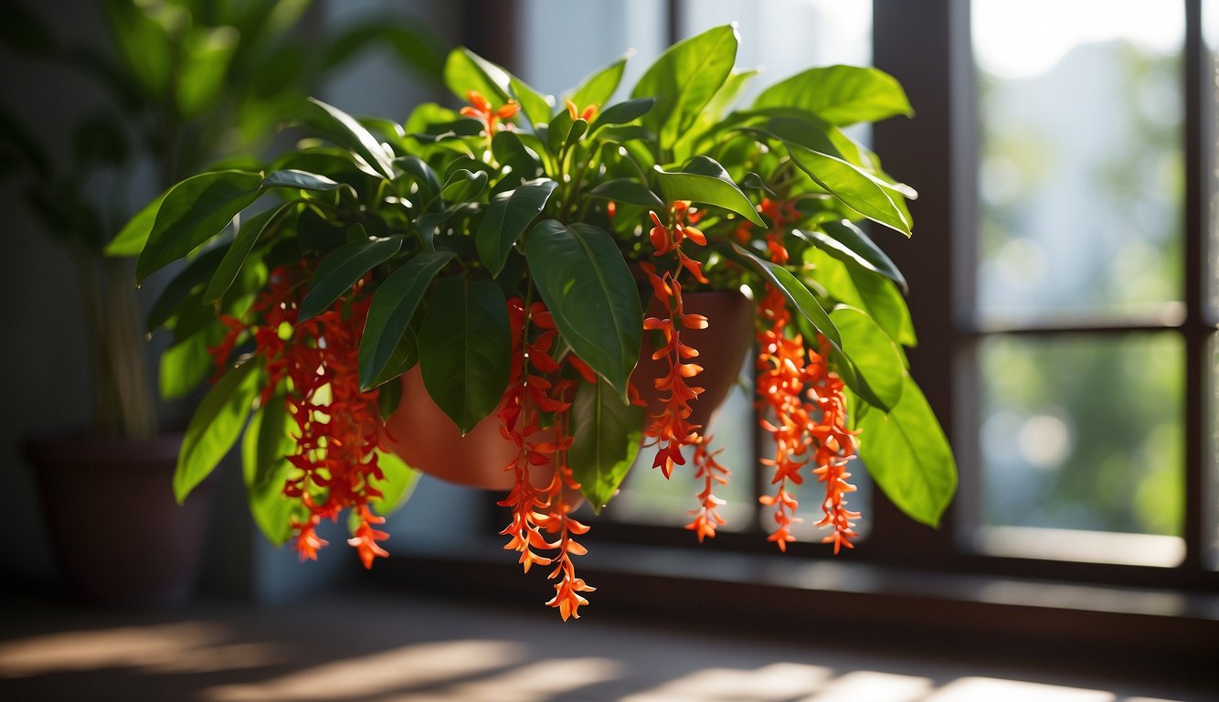 A vibrant Aeschynanthus Radicans plant sits in a hanging planter, surrounded by lush green foliage.

Sunlight streams through a nearby window, illuminating the glossy, heart-shaped leaves and bright red blooms