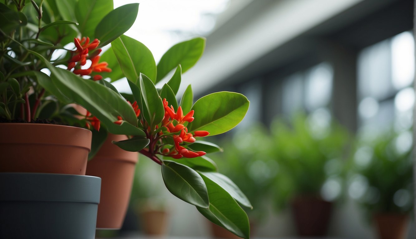 Vibrant green leaves and striking red tubular flowers adorn the Aeschynanthus Radicans plant, with a backdrop of a well-lit and airy indoor environment