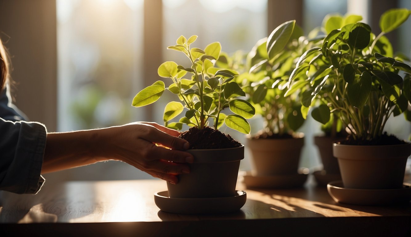 A pair of hands hold a small pot filled with rich soil, carefully transplanting a vibrant lipstick plant into a larger container.

The sunlight streams through the window, illuminating the process of propagation and repotting