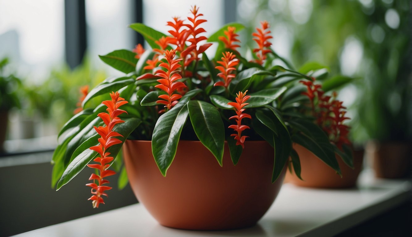 A vibrant Aeschynanthus Radicans plant thrives in a hanging pot, surrounded by lush green foliage.

Bright red lipstick-shaped flowers bloom among the foliage, adding a pop of color to the scene