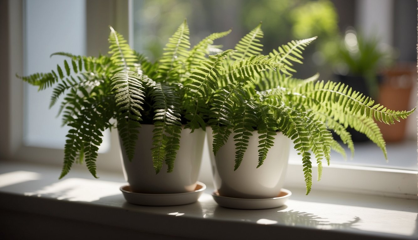 A Button Fern with round leaves sits in a small pot on a sunny windowsill, surrounded by other potted plants.

The fern's delicate fronds reach outwards, creating a lush and vibrant display