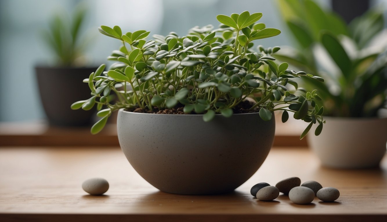 A small pot contains Pellaea Rotundifolia, with round, delicate fronds and a compact growth habit.

The plant is surrounded by a few scattered pebbles and sits on a wooden table bathed in soft, natural light