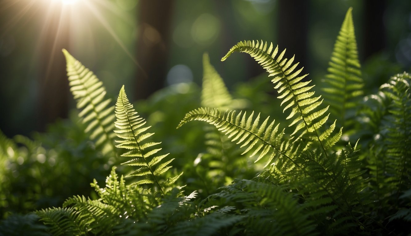 Lush green button ferns unfurling from delicate fronds, reaching towards the dappled sunlight filtering through the forest canopy