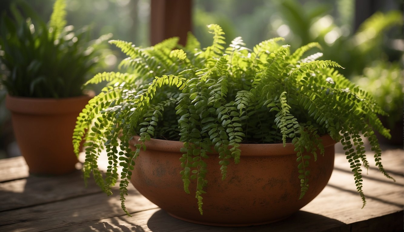 Lush green foliage of button ferns cascading over a rustic terracotta pot, positioned in a well-lit space with gentle sunlight filtering through the leaves