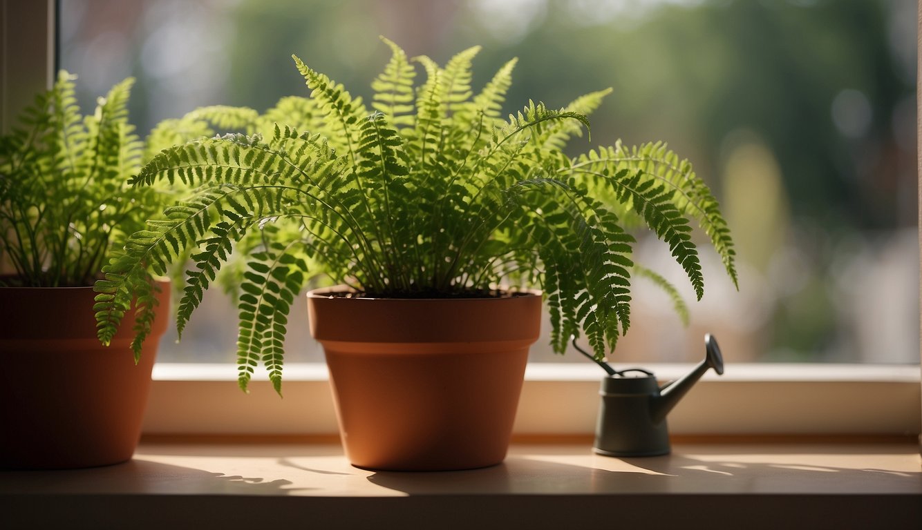 A lush, green Button Fern sits in a terracotta pot on a sunny windowsill.

A small watering can and a bag of fertilizer are nearby