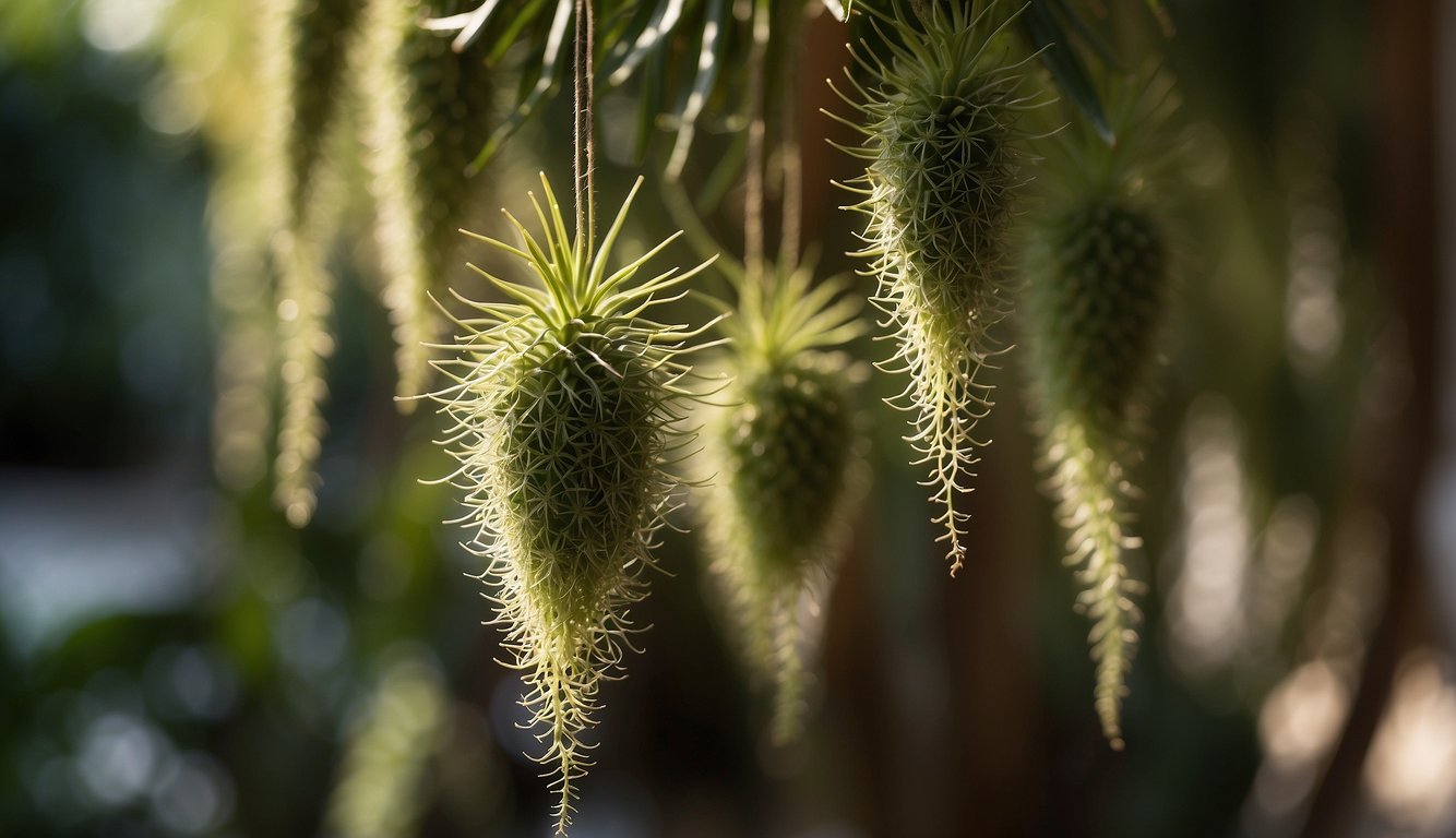 A Rhipsalis Baccifera plant hangs from a tree, surrounded by other tropical plants.

Sunlight filters through the leaves, creating dappled shadows on the cactus