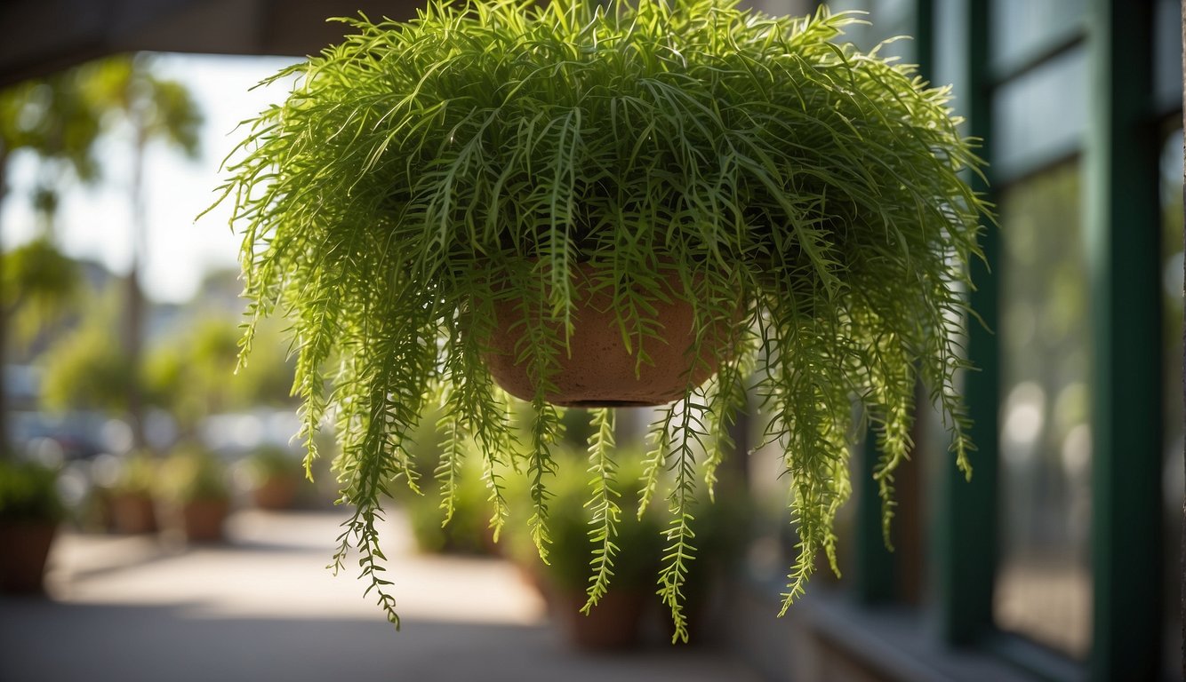A hanging Rhipsalis Baccifera plant surrounded by lush green foliage in an urban jungle setting, with dappled sunlight filtering through the leaves