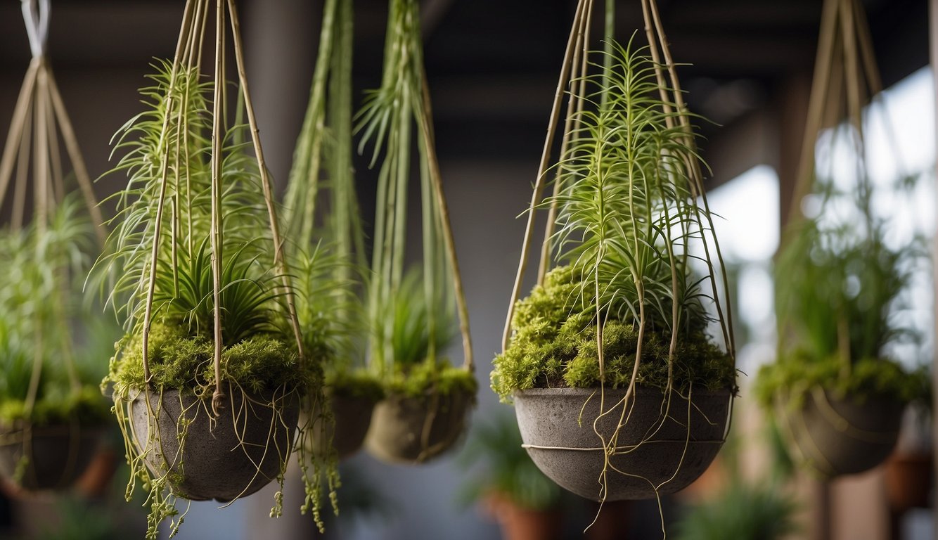 Lush green Rhipsalis Baccifera dangles from a hanging planter, roots spilling over the edges.

A pair of hands gently repots the succulent into a larger, moss-filled container