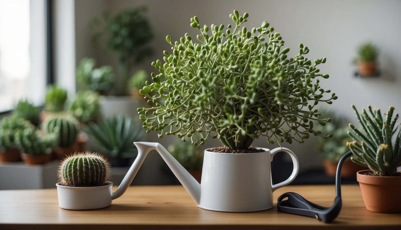 A mistletoe cactus droops in a modern urban apartment, surrounded by other houseplants.

A watering can and pruning shears sit nearby, hinting at the care and attention the cactus requires
