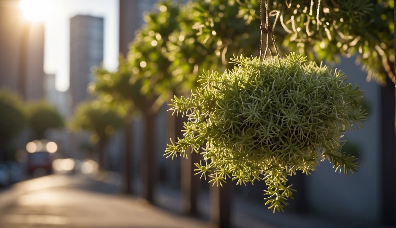 A mistletoe cactus hangs from a tree branch, surrounded by urban buildings.

Sunlight filters through the leaves, casting a warm glow on the delicate, trailing stems
