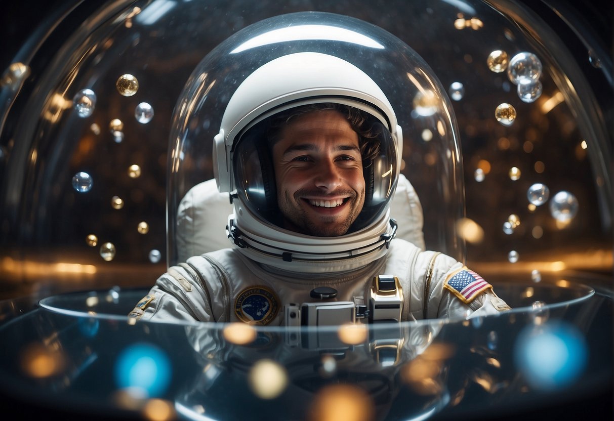 An astronaut floats in a transparent dome, surrounded by floating objects like books, games, and a virtual reality headset. The astronaut is smiling and relaxed, enjoying leisure activities to maintain mental health
