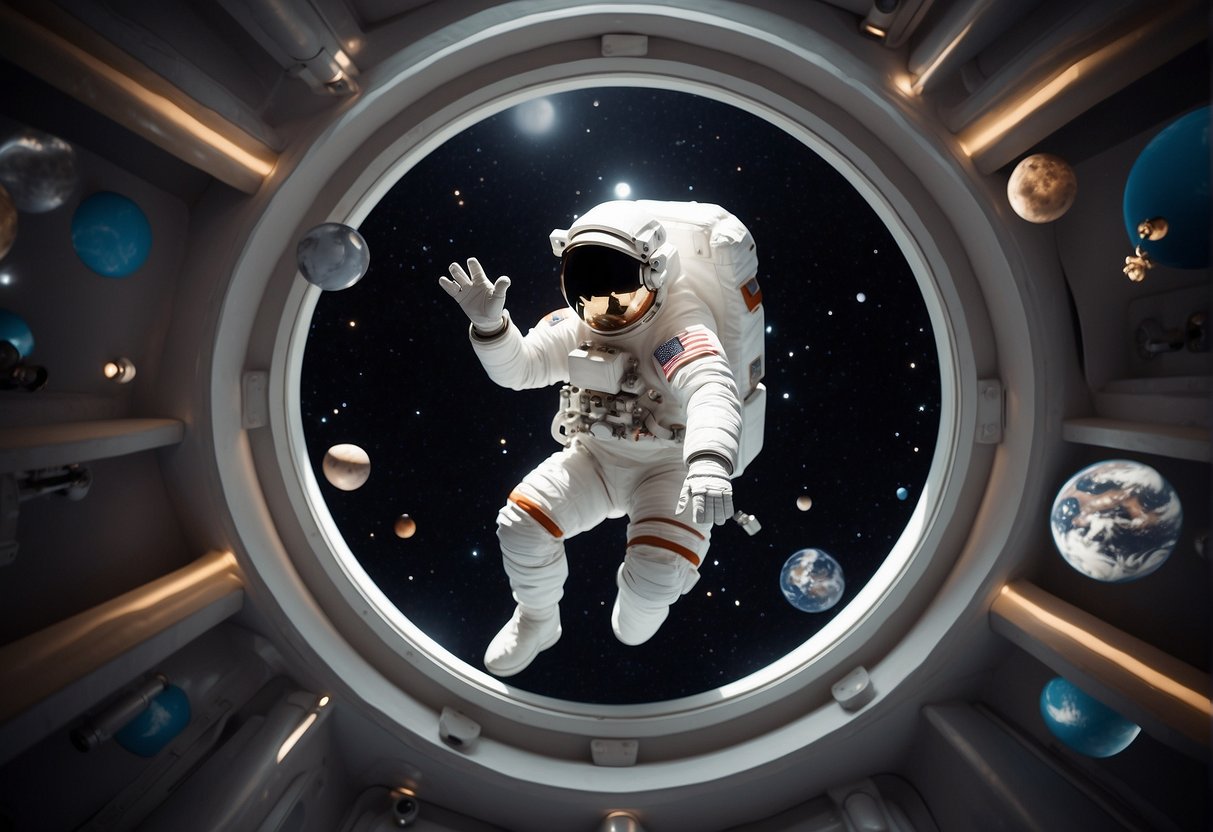 Astronaut floating in a zero-gravity chamber, surrounded by floating objects like books, musical instruments, and exercise equipment