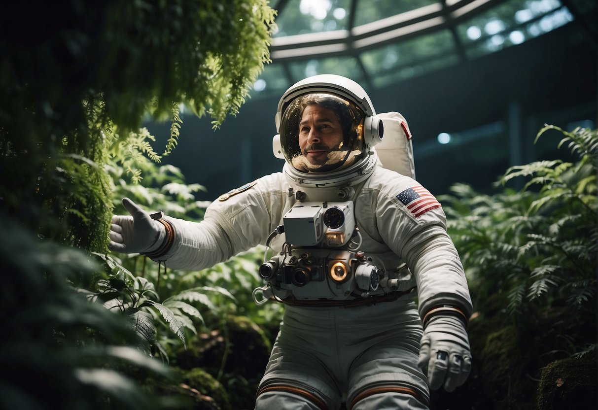 An astronaut floats in a biodome, surrounded by lush greenery and advanced technology. They engage in recreational activities to promote mental well-being