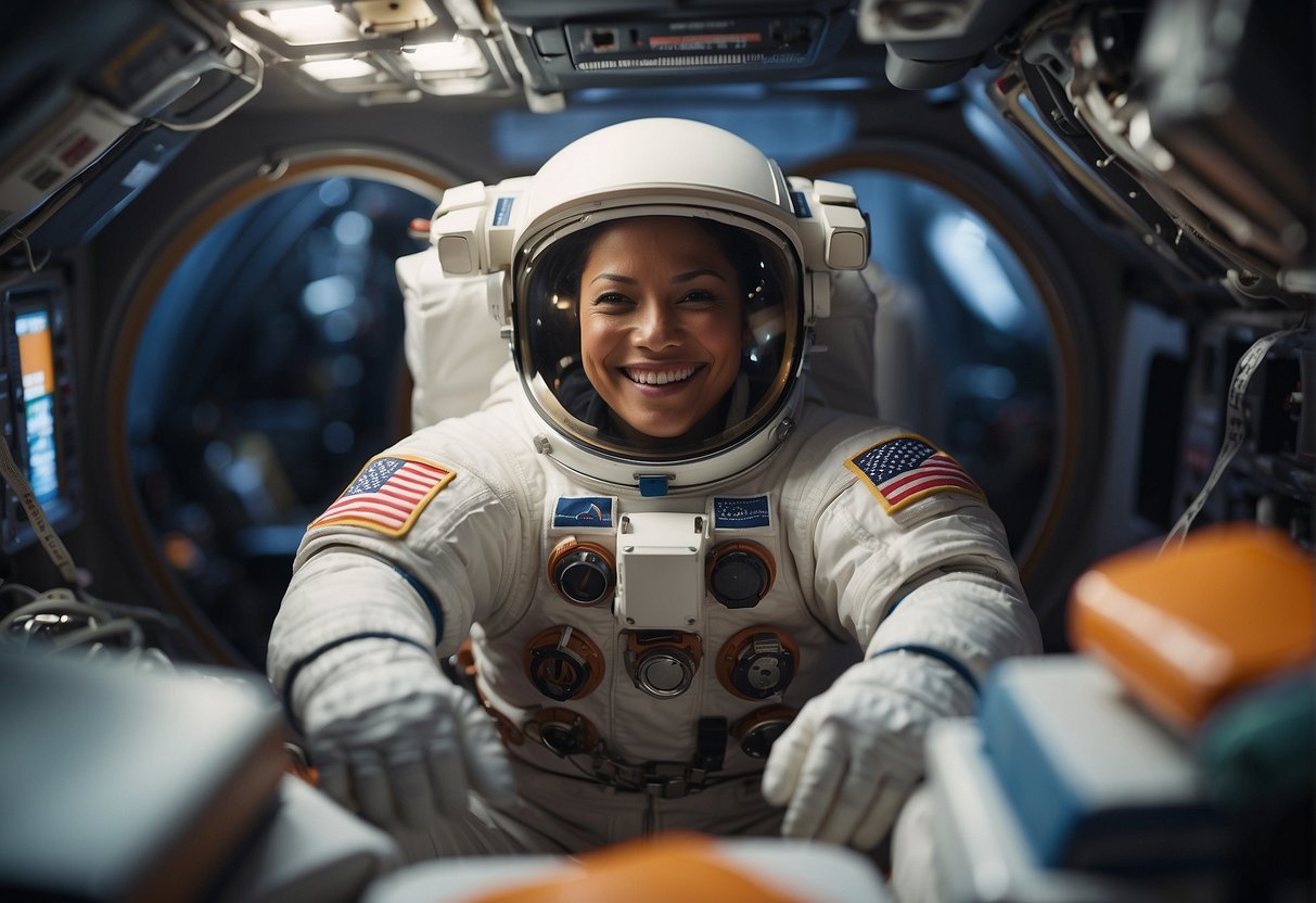An astronaut floats in a space module, surrounded by floating objects like books, games, and exercise equipment. The astronaut smiles while engaging in various activities to maintain mental health during a prolonged mission