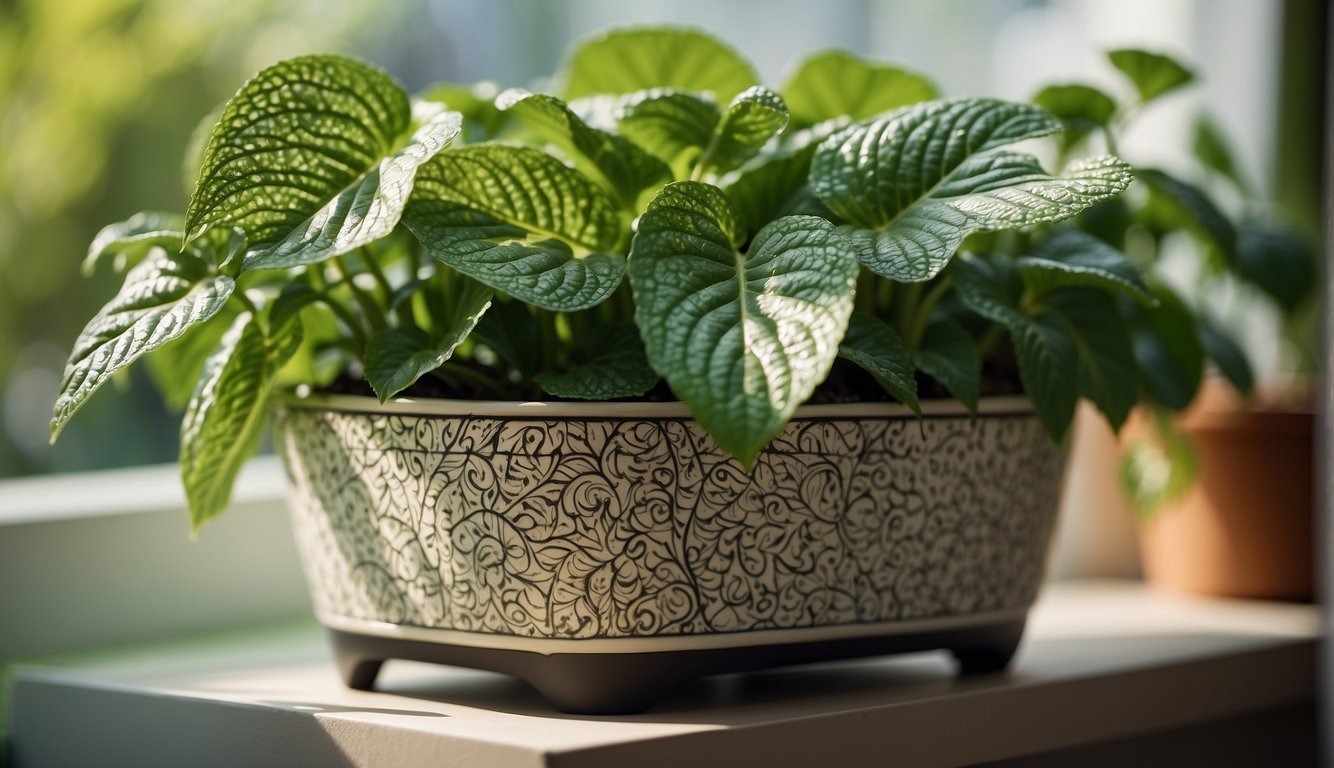 A vibrant Fittonia Albivenis Fascination plant sits in a decorative pot on a sunny windowsill, surrounded by lush green foliage.

The plant's intricately patterned leaves stand out against the bright background, showcasing its unique beauty
