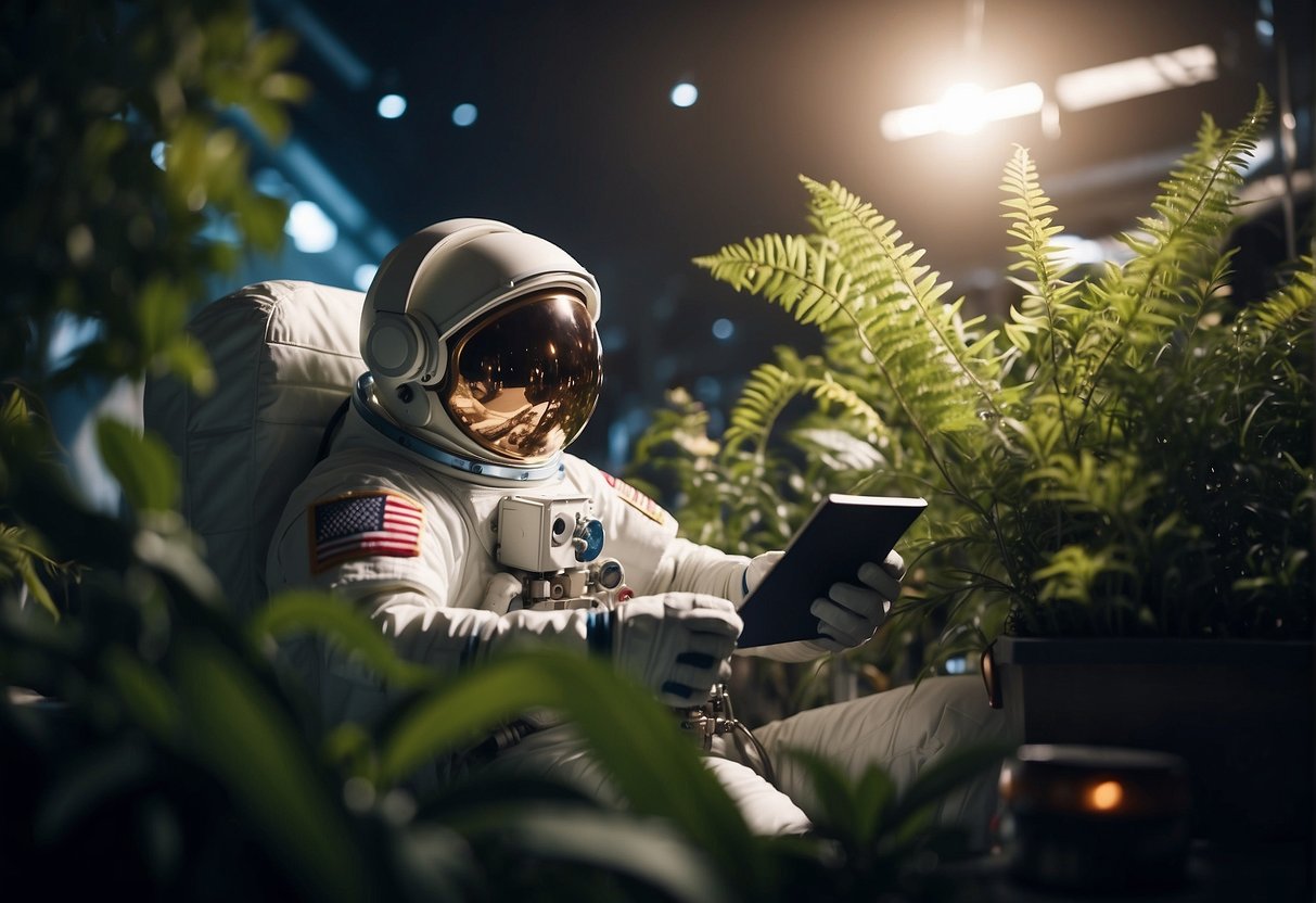 Astronaut in space, surrounded by plants and exercise equipment, engaging in leisure activities like reading, painting, and playing music to maintain mental health