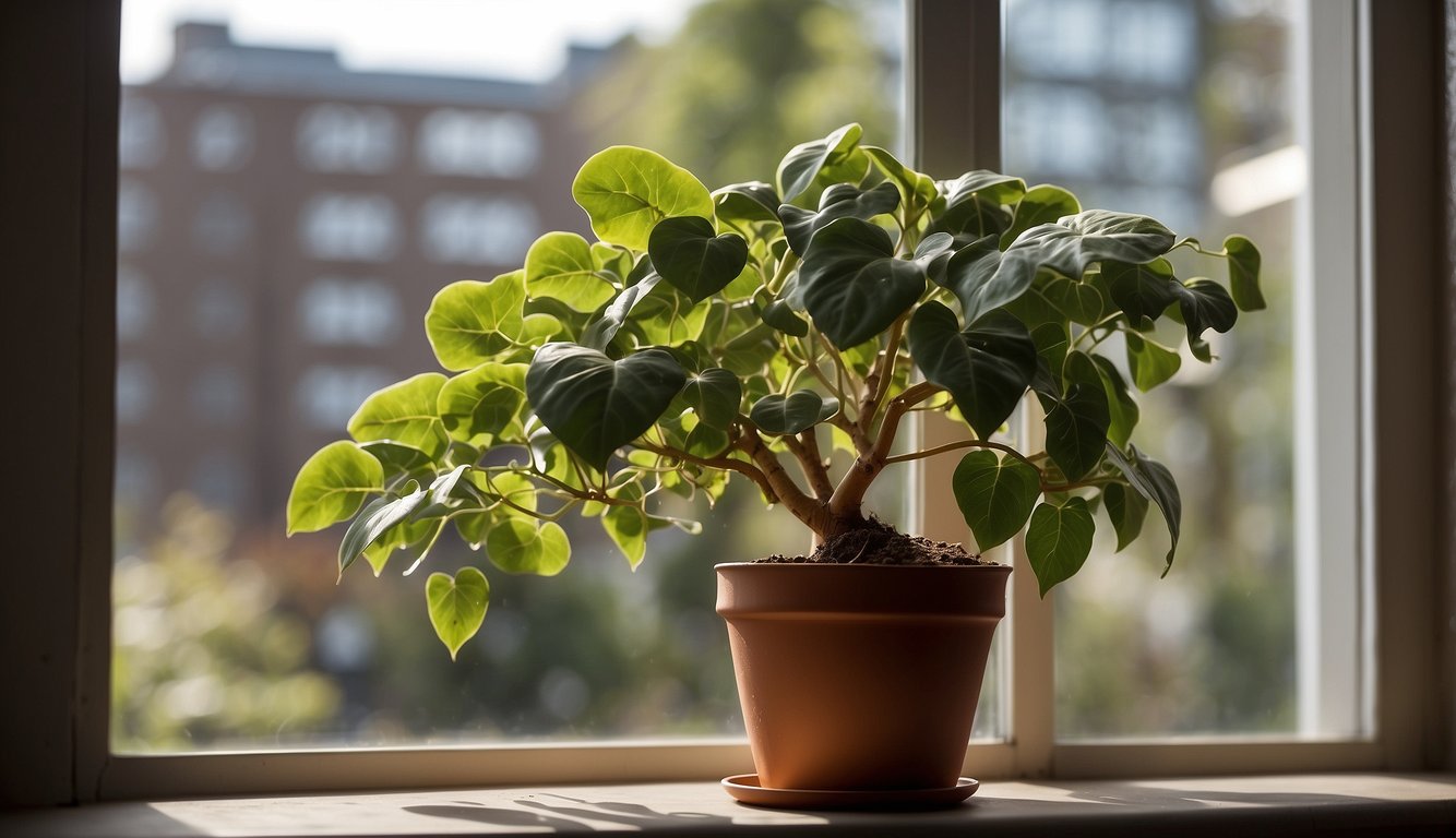 A potted Dioscorea Elephantipes sits on a windowsill, its bulbous, wrinkled stem reaching towards the sunlight.

A small watering can and a bag of fertilizer are nearby, ready for its care