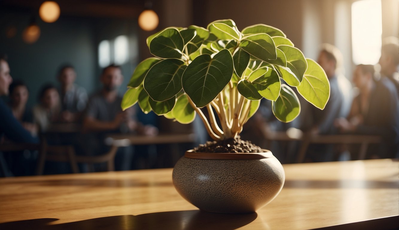 A unique Dioscorea Elephantipes plant sits in a sunlit room, surrounded by curious onlookers.

Its bulbous, textured form and intricate patterns draw attention