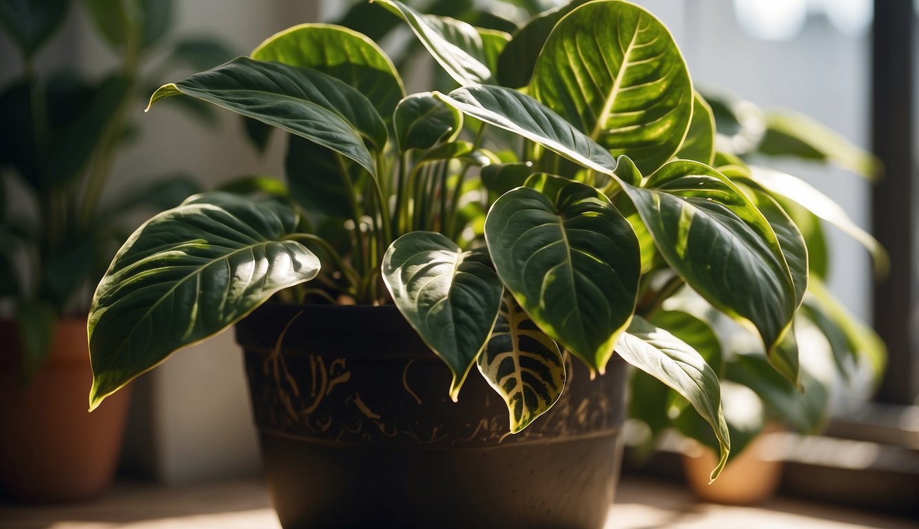 A lush, green prayer plant sits in a decorative pot, its vibrant leaves unfurling in all directions.

Sunlight filters through the window, casting a warm glow on the plant's intricate patterns