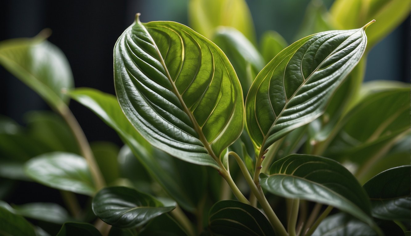 The prayer plant's leaves are unfurling, revealing vibrant green patterns.

Its stems reach out, creating a lush and vibrant display