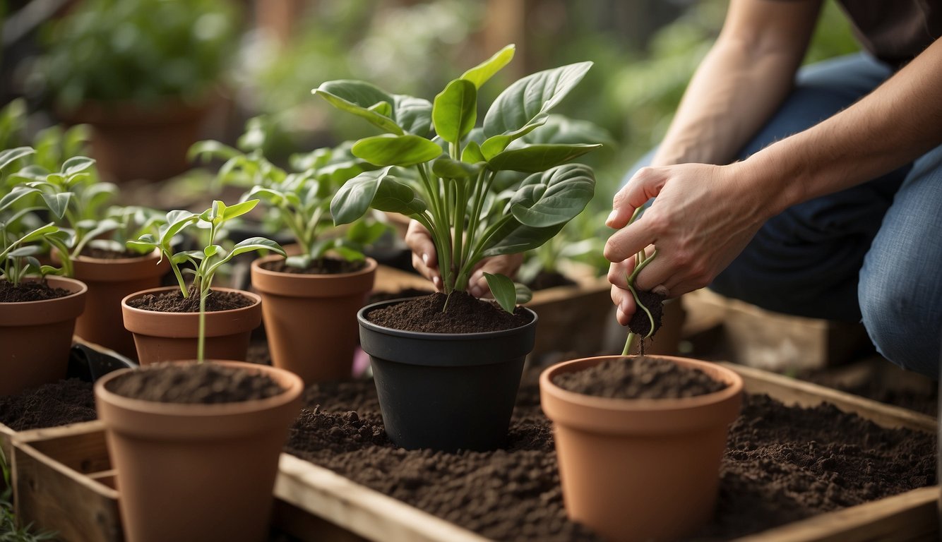 A pair of hands gently repotting a prayer plant into a larger pot, surrounded by gardening tools and bags of soil