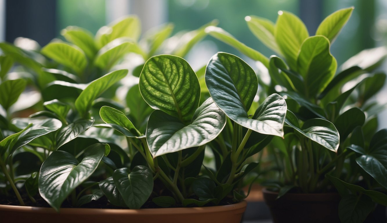 The prayer plant sits in a bright, humid room, surrounded by other lush green plants.

Its leaves are vibrant and patterned, with no signs of wilting or browning. The soil is moist but not waterlogged, and the plant is positioned