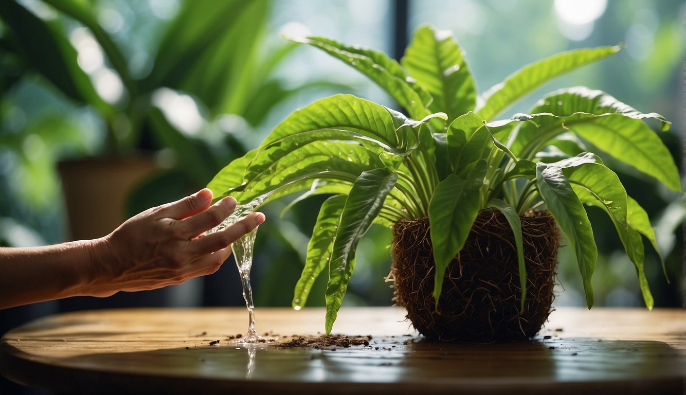 A hand pours water into the soil of a Bird's Nest Fern, surrounded by lush green foliage in a well-lit indoor space