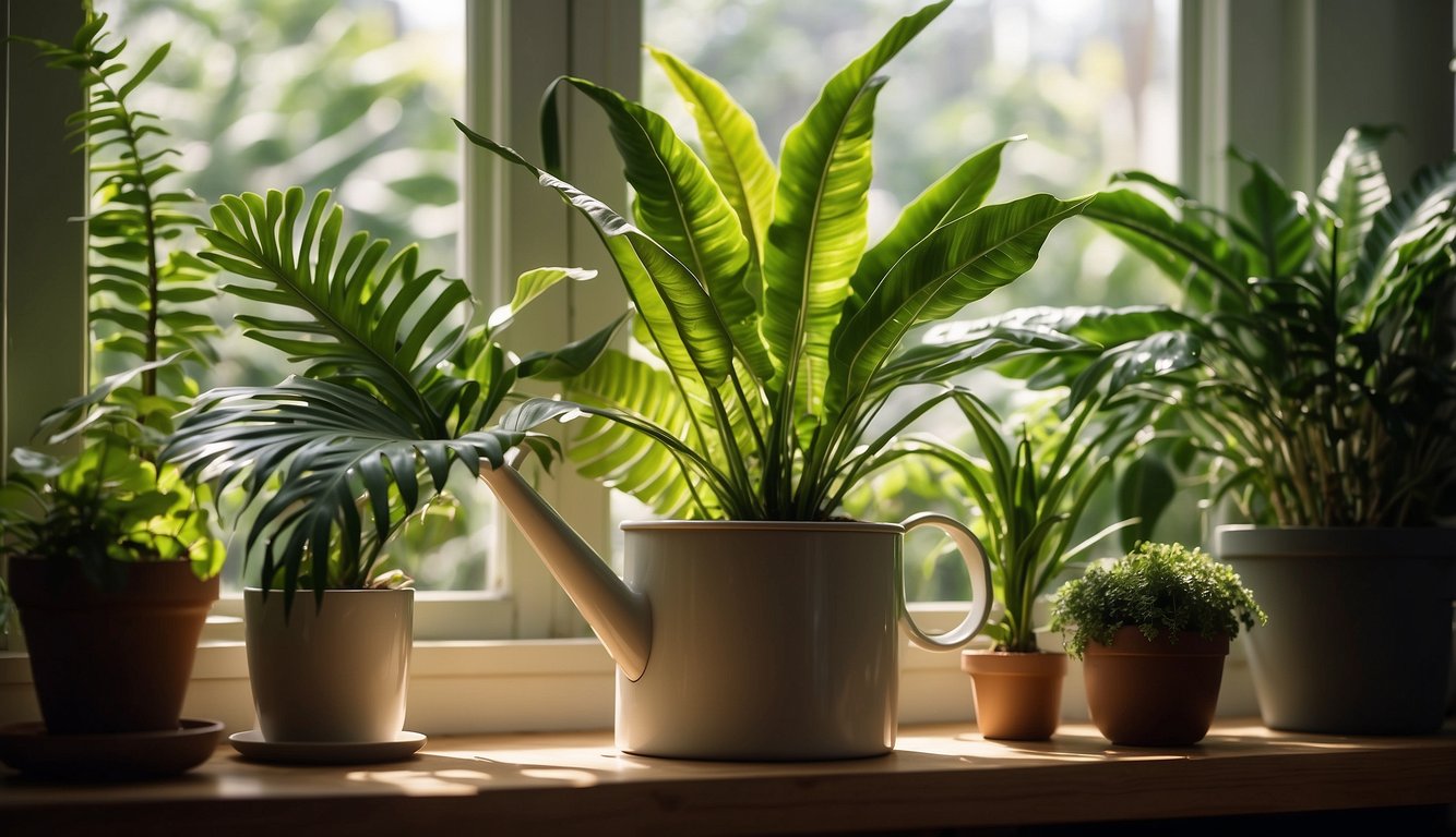A bright, airy room with dappled sunlight streaming through the windows.

A tall, slender pot holds a lush Bird's Nest Fern, surrounded by other tropical plants.

A small watering can sits nearby, ready to nourish the green oasis