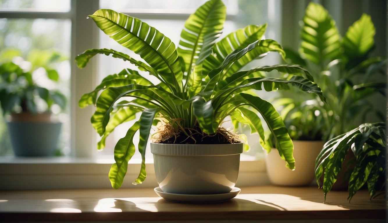 A Bird's Nest Fern sits in a bright, airy room.

It is nestled in a decorative pot, surrounded by other lush green plants. Sunlight filters through the window, casting a warm glow on the foliage