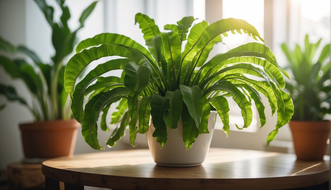 A Bird's Nest Fern sits in a bright, airy room with filtered sunlight.

Its broad, glossy fronds cascade gracefully from the center, creating a lush and vibrant oasis in the room