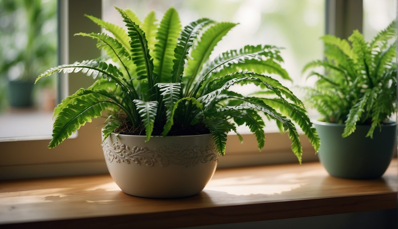 A Bird's Nest Fern sits in a decorative pot on a sunny windowsill, surrounded by other lush green plants.

The fern's long, wavy fronds spill over the edges, creating a vibrant and lush indoor oasis