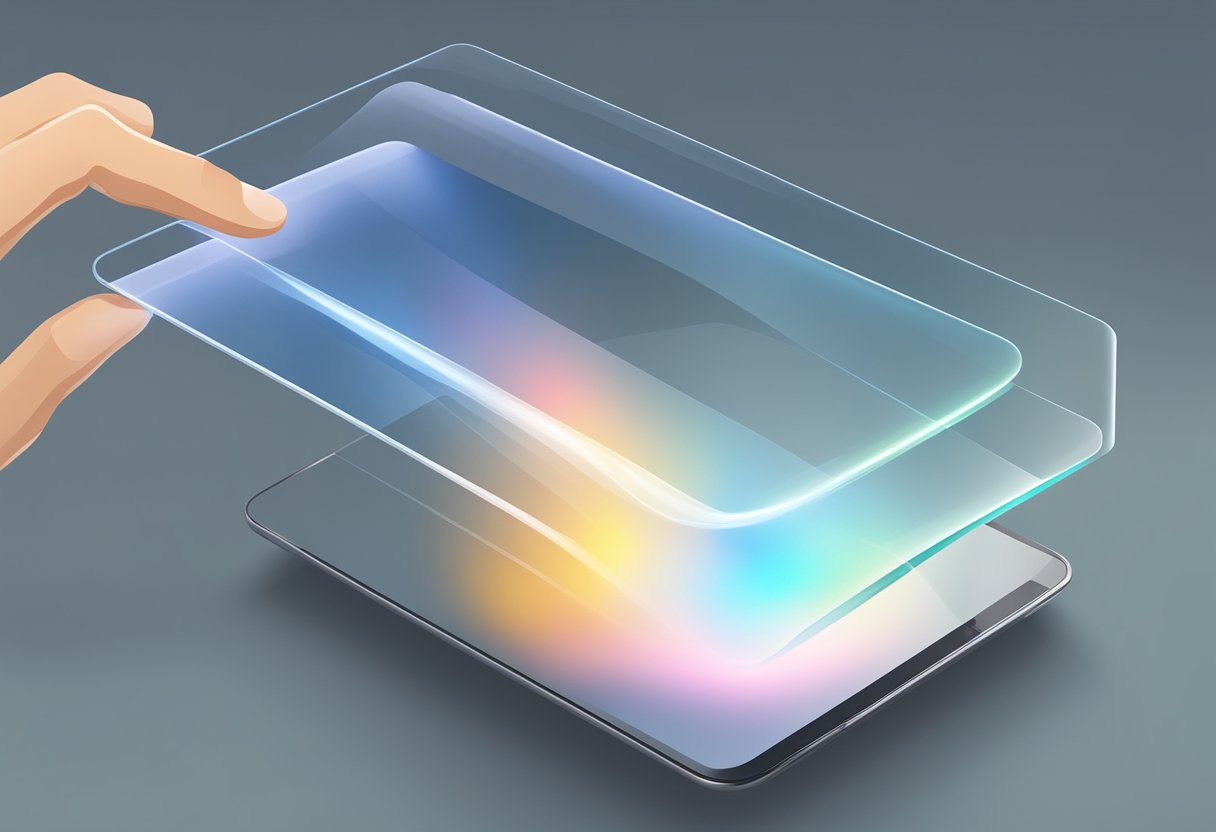 A finger swipes across a smooth, glossy capacitive touch screen glass, leaving a trail of light behind