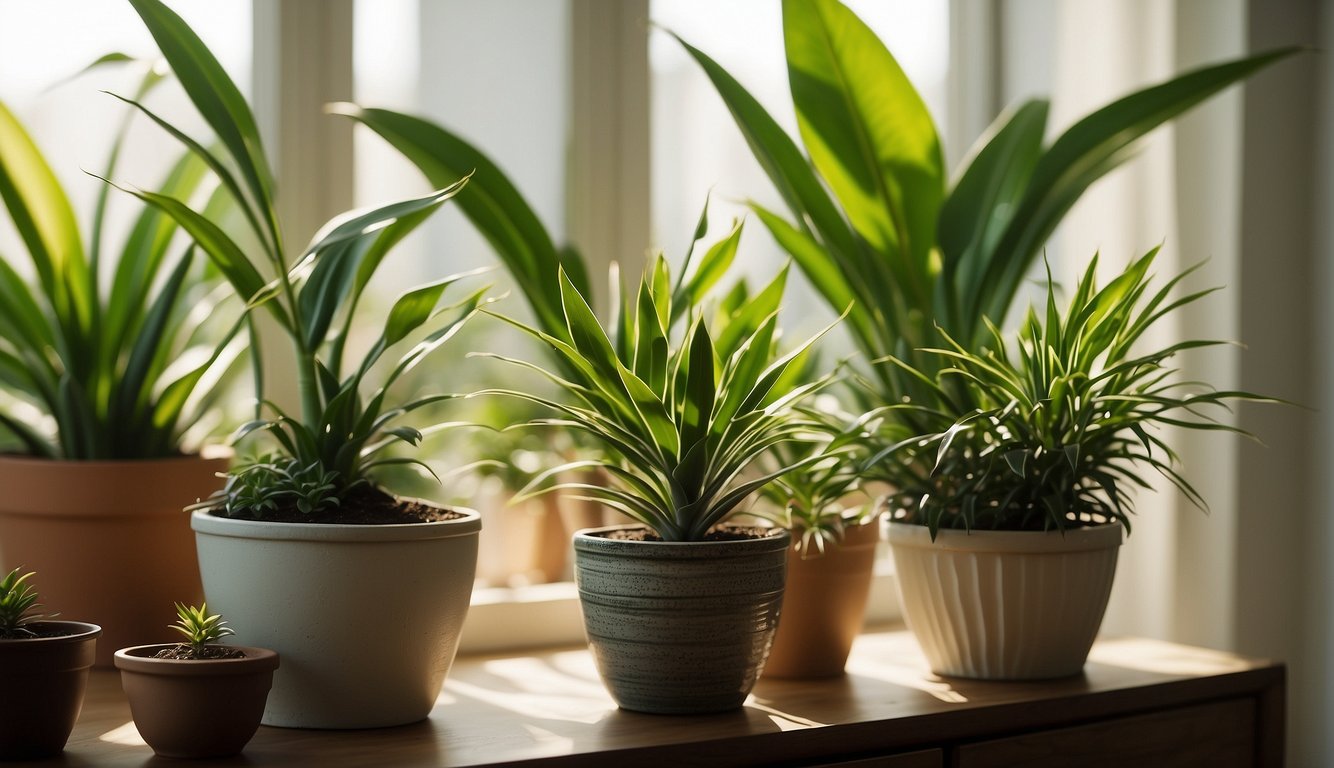 A vibrant Dracaena Marginata plant stands tall in a sunlit room, surrounded by other exotic plants.

A watering can and a bottle of plant food sit nearby, emphasizing the importance of proper care