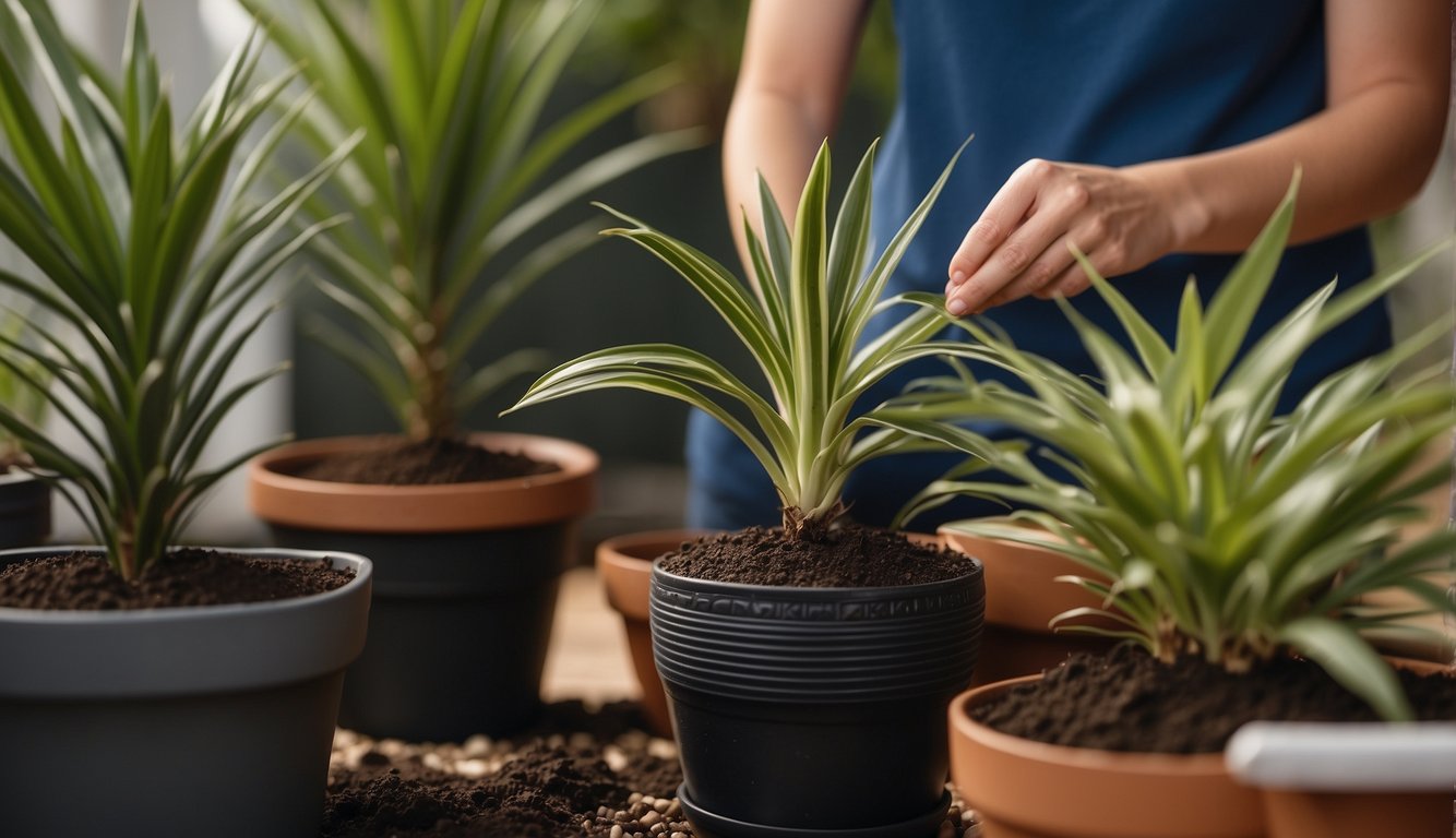 A pair of hands carefully repots a tall, slender Dracaena Marginata plant into a larger, decorative pot, surrounded by bags of fresh potting soil and gardening tools