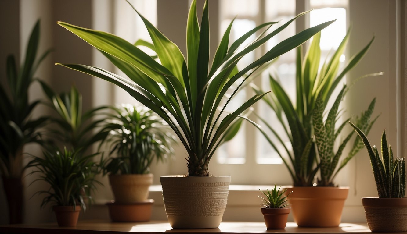 A lush, vibrant Dracaena Marginata plant sits in a sunlit room, surrounded by exotic decor.

Its long, slender leaves cascade gracefully, creating an atmosphere of serenity and natural beauty