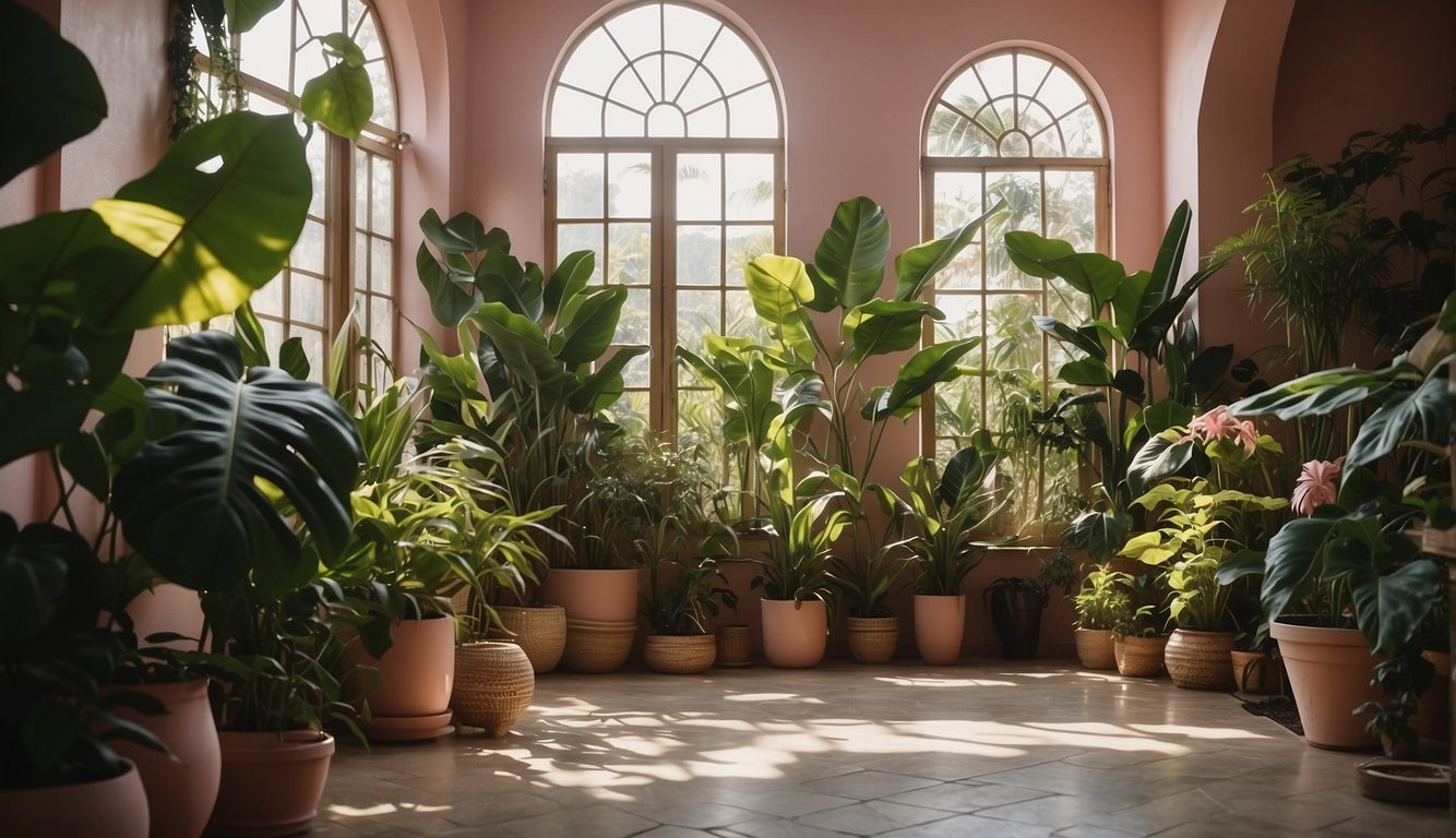 A royal indoor garden with lush pink princess philodendron, surrounded by decorative pots and elegant furnishings.

Sunlight streams in, highlighting the enchanting foliage