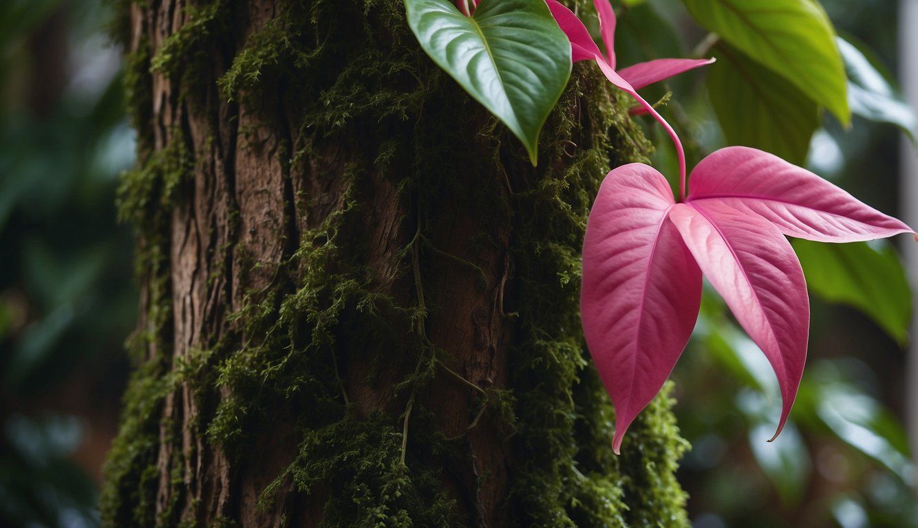 A vibrant Pink Princess Philodendron vine climbs a moss-covered tree trunk, showcasing its unique pink and green variegated leaves in a royal indoor garden setting