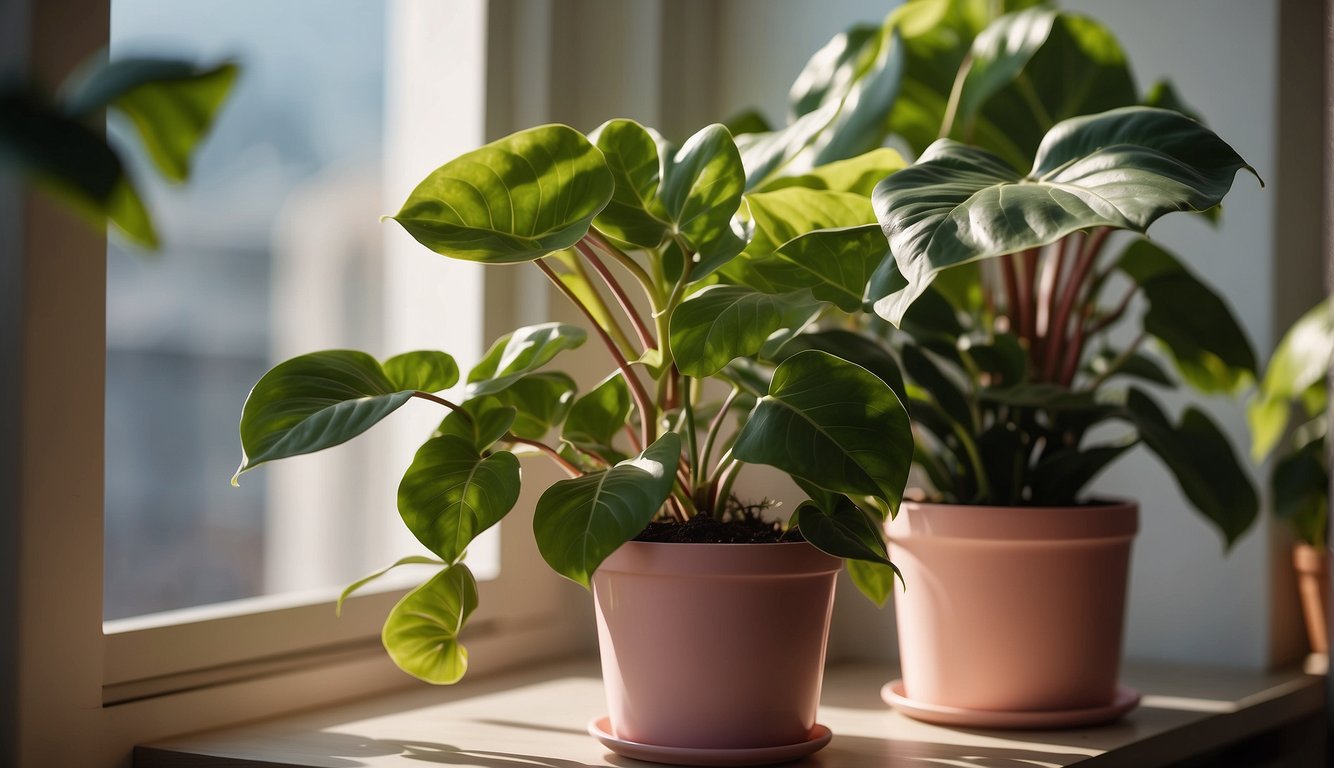 A lush pink princess philodendron thrives in a decorative pot on a sunlit windowsill, surrounded by other vibrant indoor plants