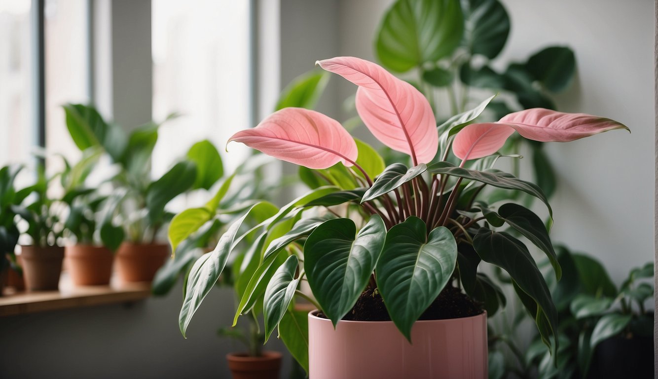 The Pink Princess Philodendron thrives in a well-lit indoor space with consistent watering and well-draining soil.

Its vibrant pink and green leaves cascade elegantly from a hanging planter, creating a regal atmosphere in any room