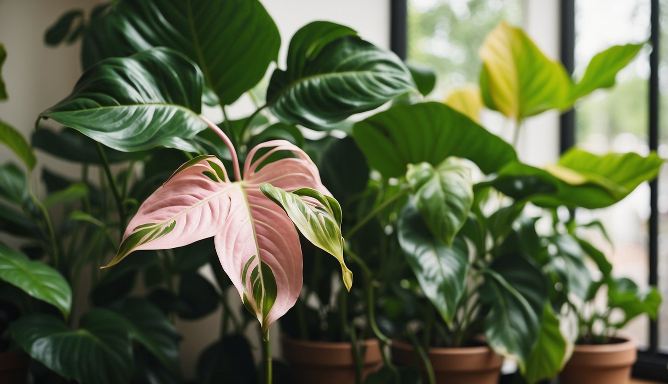 A lush pink princess philodendron thrives in a regal indoor garden, surrounded by vibrant green foliage and basking in the soft glow of natural light