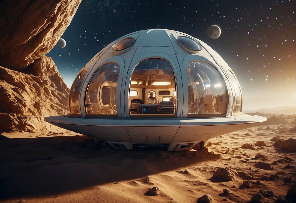 A space habitat with dust-repelling technology in action, showing clean and functional living spaces amidst floating specks of space dust